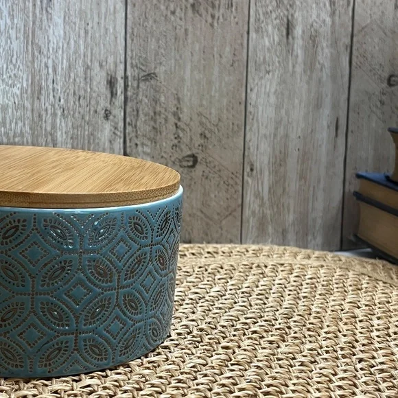 Ceramic Storage Jar w/ Bamboo Lid | Teal Embossed Sugar Tea Container (Teal) - Picture 3 of 4